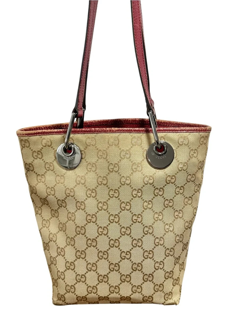 Gucci Eclipse Tan GG Monogram Canvas & Burgundy Red Leather Bucket Tote - Picture 6 of 14